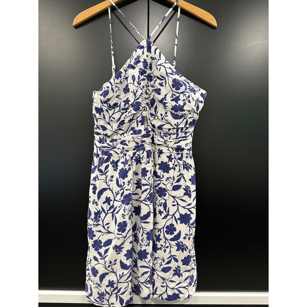 Free Assembly Floral Halter Linen Blend Mini Dress Ruched Cutout Smocked Medium